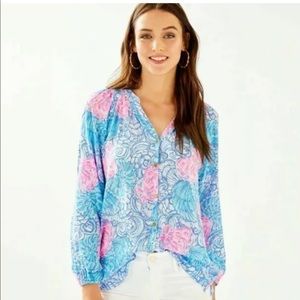 NEW Lilly Pulitzer ELSA BUTTON DOWN TOP Blue Haven Raising Shell Pink Blouse